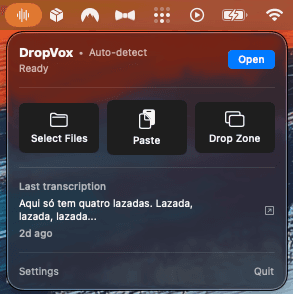 DropVox menu bar popover showing ready state with Select Files, Paste, and Drop Zone options