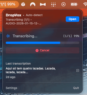 DropVox menu bar showing active transcription in progress at 99%