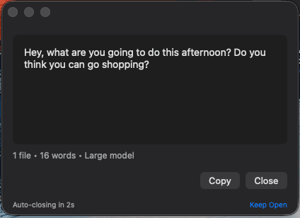 DropVox transcription result popup with completed text and Copy button